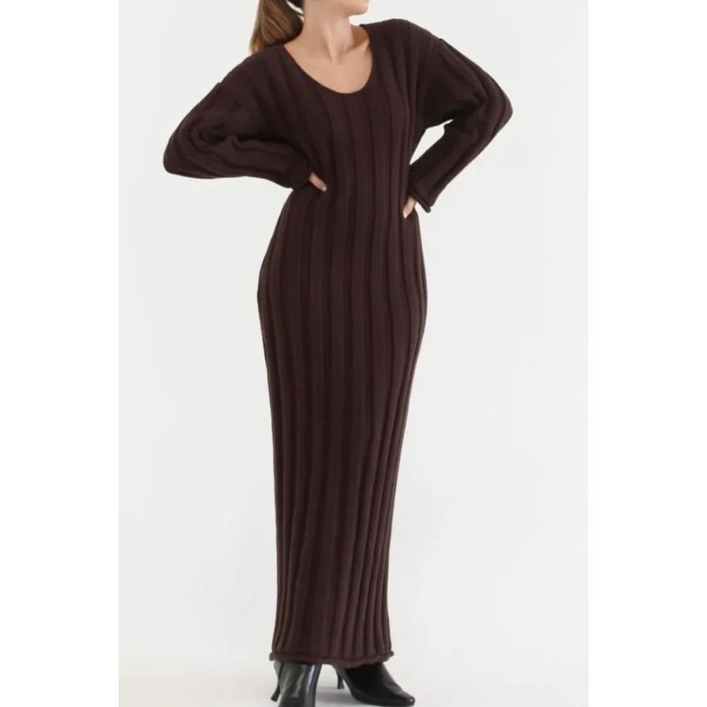 Rumored Missoula Maxi Dress Espresso Brown Ribbed Knit Long Sleeve XL NWT